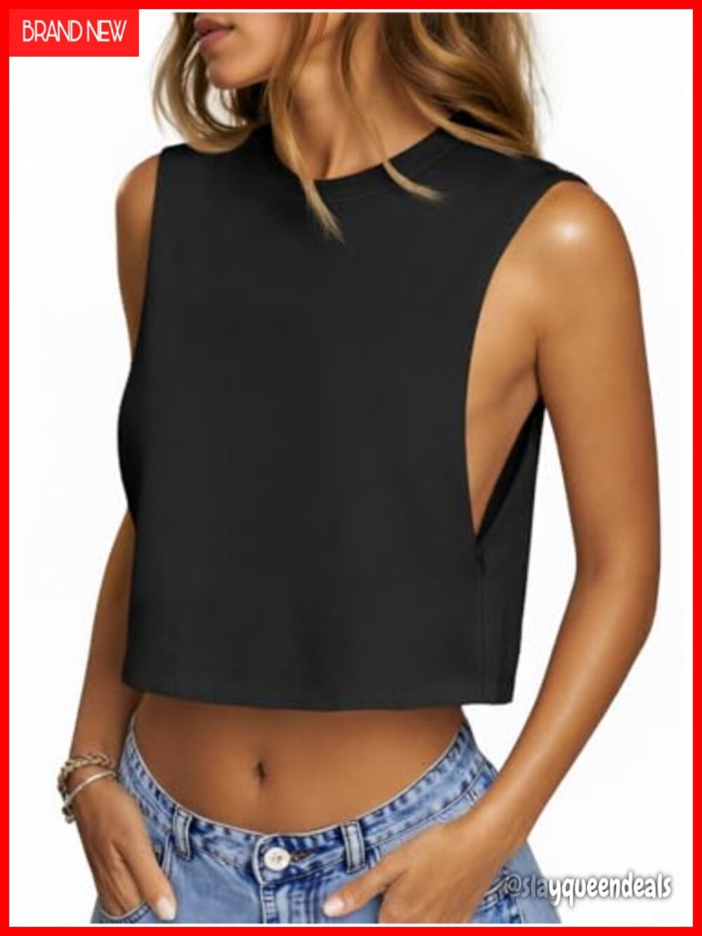 Womens Cropped Tank Top Boxy Loose Fit Crew Neck Sleeveless Workout Athletic